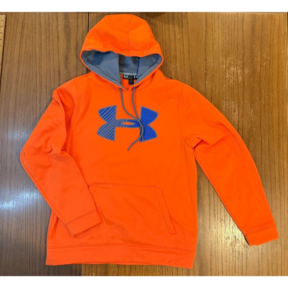 Under Armour ColdGear Hoodie Mens Medium Orange Fleece Lined Pullover Loose